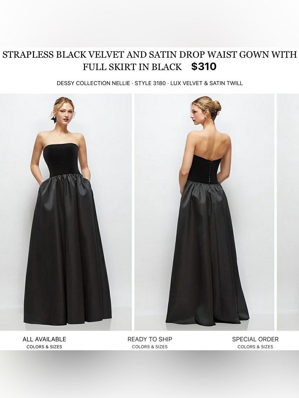 Dessy Collection Black Strapless Velvet Bodice Satin Skirt Formal Gown